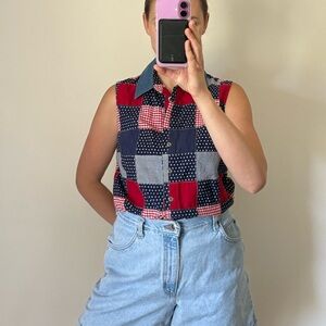 Vintage USA Patchwork Sleeveless Collared Button Down Top Red White & Blue Stars